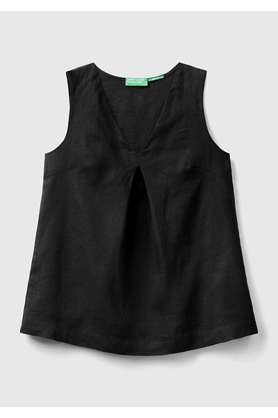 United Colors of Benetton Γυναικεία μαύρη 100% λινό αμάνικη φαρδιά μπλούζα με λαιμόκοψη