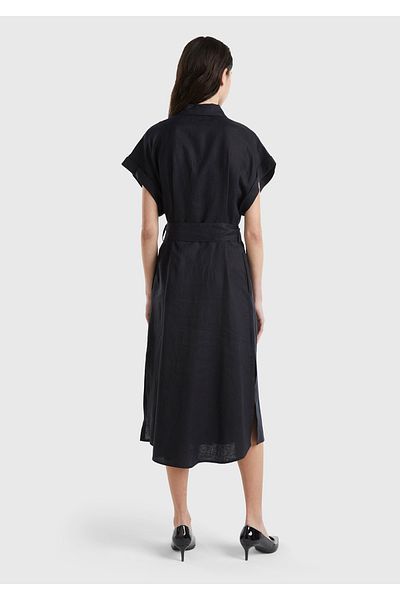 United Colors of Benetton Women's Black 100% Linen Button Front Closure Waist Belted Midi Dress