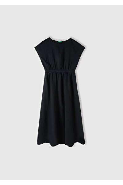 United Colors of Benetton Women's Black Liyosel and Linen Blended Gathered Waist Boat Neck Dress
