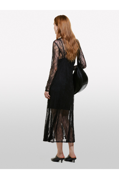 Sisley Women's Black Tulle Lace Embroidered Round Neck Long Sleeve Dress