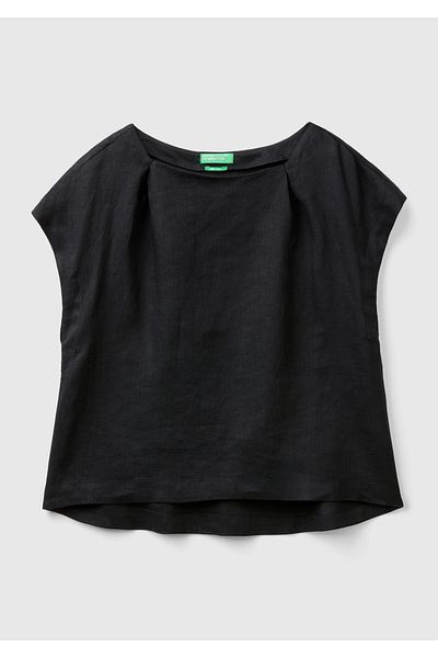 United Colors of Benetton بلوزة نسائية سوداء 100% كتان طويلة الظهر ورقبة قارب