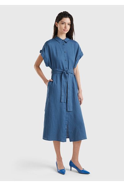 United Colors of Benetton Women's Mid-Night Blue 100% Linen Button Front Closure Waist Belted Midi Dress