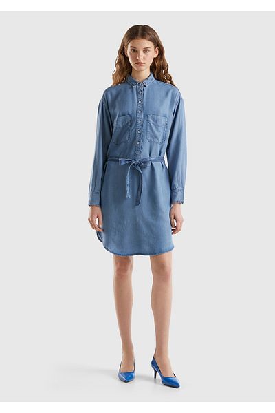 United Colors of Benetton Women's Blue 100% Liyosel Chest Patch Pocket Waist-Tied Denim Dress