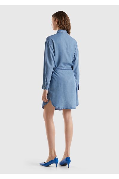 United Colors of Benetton Women's Blue 100% Liyosel Chest Patch Pocket Waist-Tied Denim Dress
