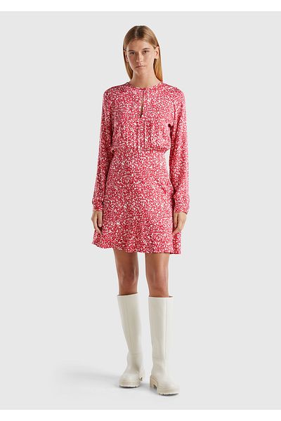 United Colors of Benetton Women's Red 100% Viscous Front Drop Skirt Frilly Patterned Dress