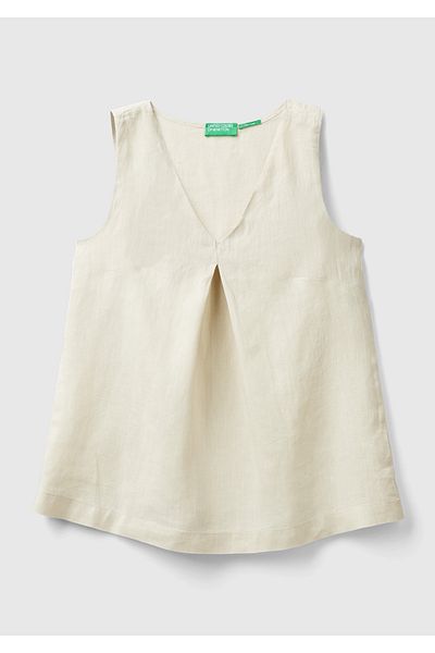 United Colors of Benetton Γυναικεία Μπεζ 100% Λινό Αμάνικη Φαρδιά Μπλούζα με λαιμόκοψη
