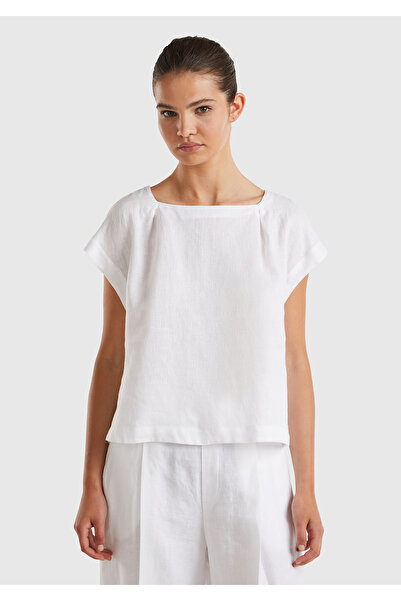 United Colors of Benetton Bluză crop albă pentru femei, 100% in, cu spate lun...