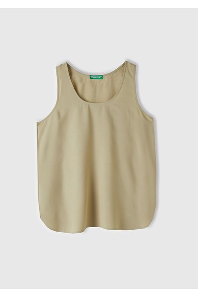 United Colors of Benetton بلوزة نسائية بيج 100% لزجة مزخرفة بخياطة واسعة ورقبة دائرية