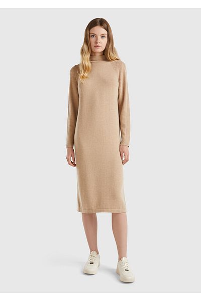 United Colors of Benetton Women's Beige Wool and Cashmere Blended Long Stand Collar Dress