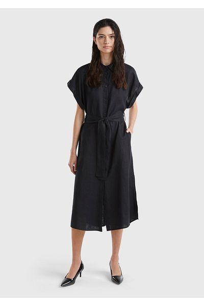 United Colors of Benetton Women's Black 100% Linen Button Front Closure Waist Belted Midi Dress