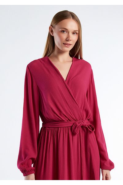 United Colors of Benetton Women's Fuchsia 100% Viscous Waist Belted Long Sleeve Double Breasted Dress