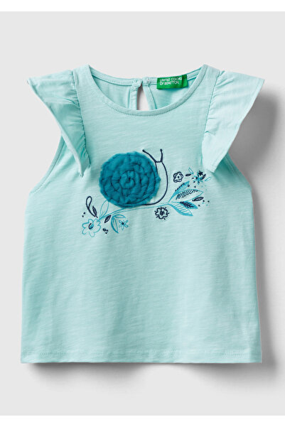 United Colors of Benetton Bluză cu mâneci cu volane pentru fete, verde apă, c...