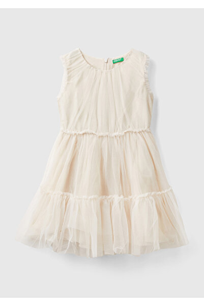 United Colors of Benetton Kız Çocuk Krem İç Astarlı Kolsuz Tül Elbise