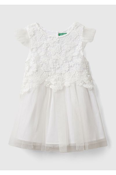 United Colors of Benetton Rochie albă cu mânecă fluture cu fustă plisată și din tul pentru fete