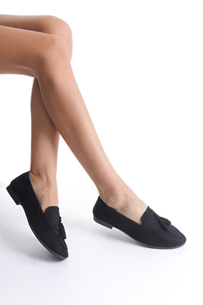 Ayakkabı Podyumum '' NİRAN '' SİYAH SÜET GÜNLÜK DÜZ TABAN PONPONLU MASKÜLEN LOAFER YENİ SEZON