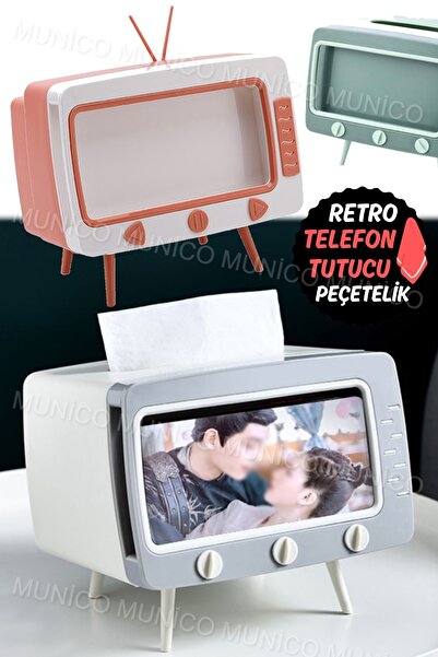 Munico Şık Telefon Tutucu Peçete Kutusu - TV Şekilli Masa Dekorasyonu Retro T...