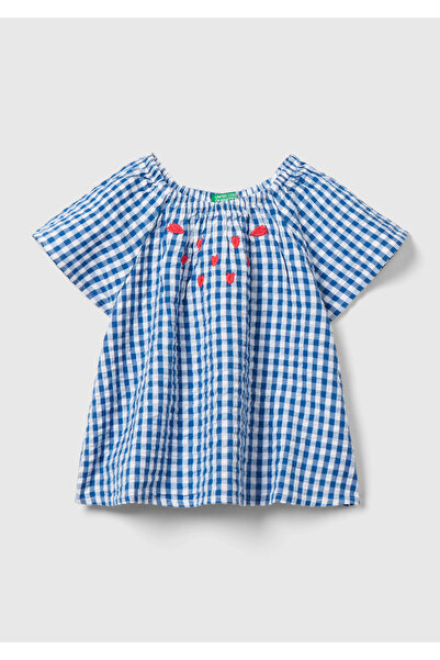 United Colors of Benetton Girl's Blue-White All Patterned Front Fruit Embroid...