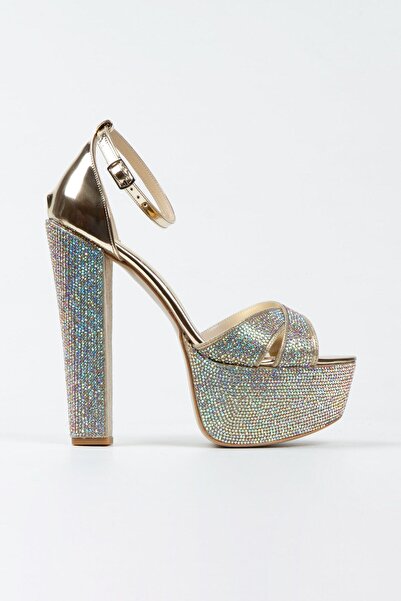 Genel Markalar Gold Ayna Janjan Taşlı Çapraz Model Klasik Topuklu Platformlu Kadın Abiye Ayakkabı 5054e