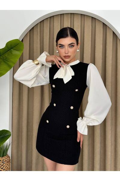 Afiş Butik Siyah Boyundan Bağlama Detaylı Düğmeli Mini Elbise