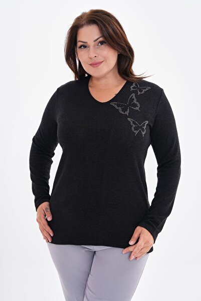 charamela بلوزة نسائية بأكمام طويلة وتفاصيل حجرية مقاس كبير - BGB41