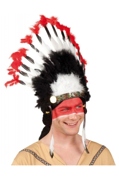 magicool Black Red Large Indian Indian Headdress with White Feathers