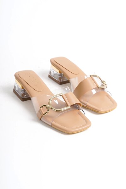 Moda Değirmeni Nut Women's Transparent Low Heel Buckle Slippers