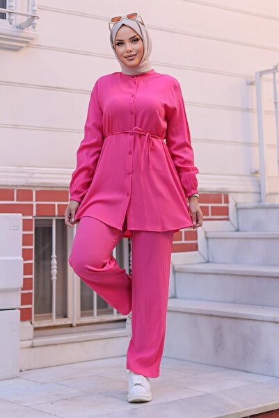 MİSSKAYLE Hakim Yaka Detaylı Tesettür Fuşya Takım