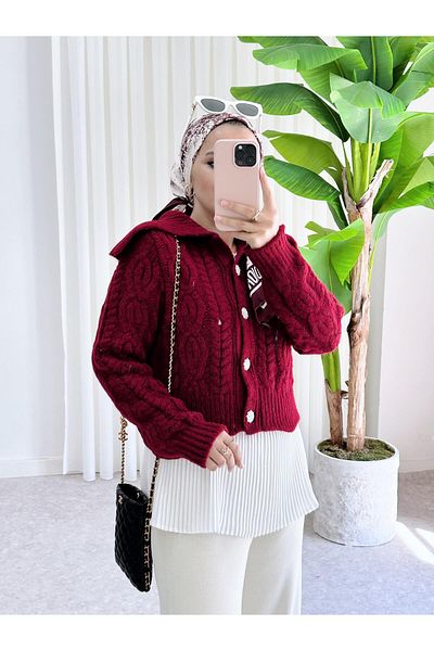 ASEL FASHİON Burgundy Thick Knitwear Cardigan - Knotted Knitted