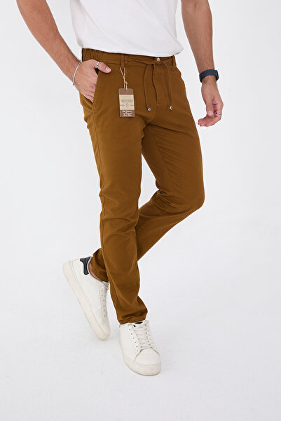 BROCARD Men's Seasonal Jogger Slimfit Mold Waist Half Elastic Lycra Camel Linen Trousers