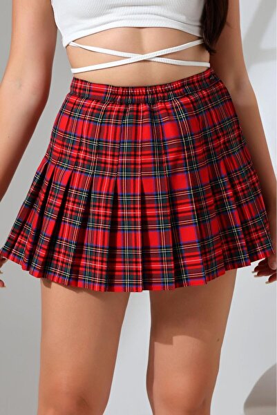 For Pretty Pileli Kırmızı Ekose Mini ETEK