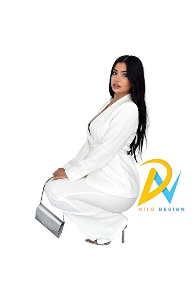 Genel Markalar Kadın Takım Elbise, Kemerli Şal Yaka Blazer Ceket Boru Paça Esnek Pantolon