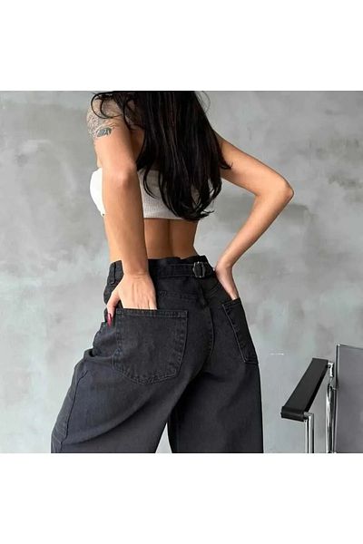 RockMore Black Baggy Buckle Detail Palazo Jeans
