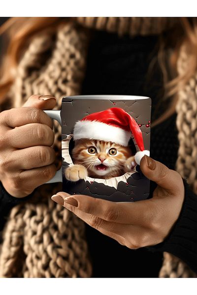 Evion Christmas Cat Themed 3D Design Ceramic Mug - Gift Mug