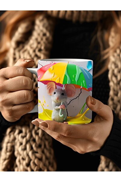 Evion Şemsiyeli Fare Temalı 3 Boyutlu Tasarım Seramik Kupa Mug - Hediyelik Kupa Bardak