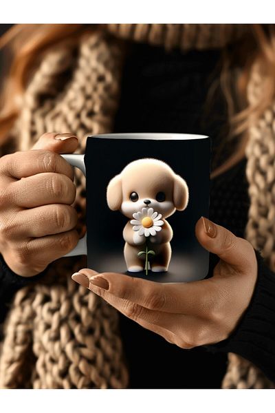 Evion Cute Animal Holding Daisy Themed 3D Design Ceramic Mug - Gift Mug