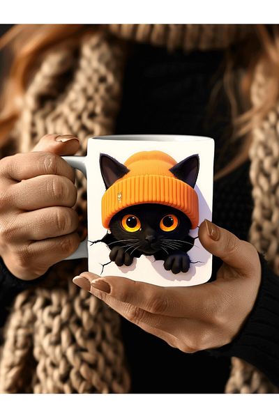 Evion Beret Cat Cracked Wall Themed 3D Design Ceramic Mug - Gift Mug