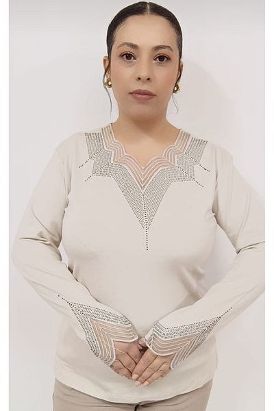 AKŞEN GİYİM Large Size Women's Collar and Arm Mouth Stone Embroidery Detail Crystal Combed Bluz