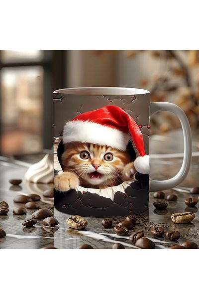 Evion Christmas Cat Themed 3D Design Ceramic Mug - Gift Mug