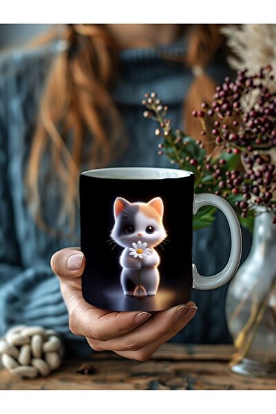 Evion Cute Animal Holding Daisy Themed 3D Design Ceramic Mug - Gift Mug