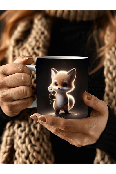 Evion Cute Animal Holding Daisy Themed 3D Design Ceramic Mug - Gift Mug
