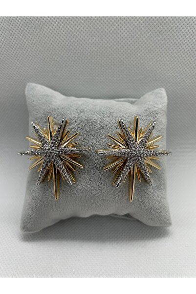 TarzımHane Gold Zirkon Taş Detaylı Çift Renk Kutup Yıldızı Pirinç Küpe