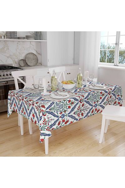 Else Dekor Ottoman Tulip Tile Patterned Digital Printed Stain Resistant Care Free Fabric Table Cloth Tableware Cloth