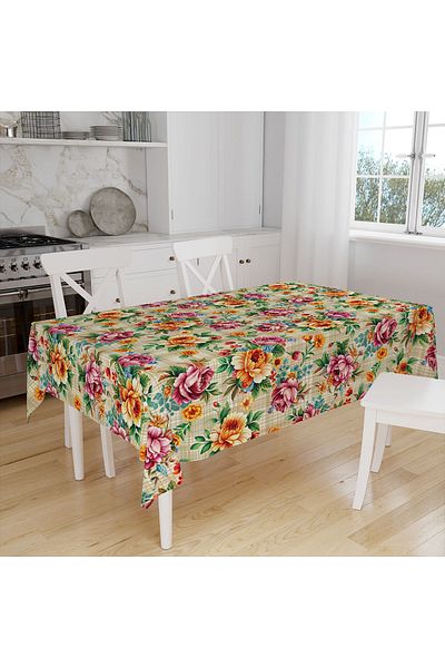 Else Dekor Yellow Pink Floral Patterned Digital Printed Stain Resistant Care-Free Fabric Tablecloth