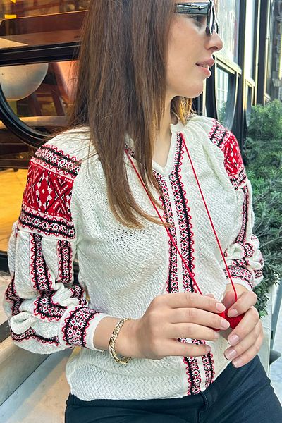 Ateilerdijle Bohemian Shoulders Embroidered Blouse with Pompom Detail