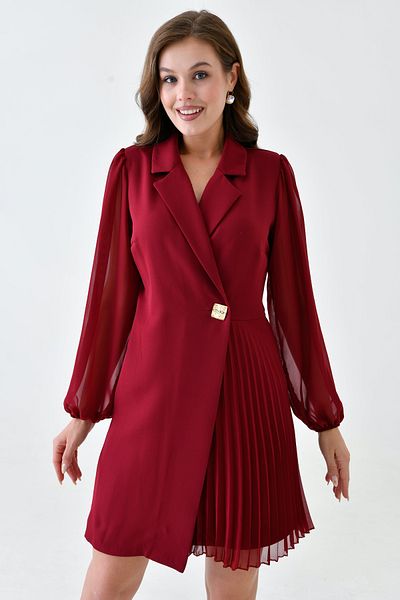 bayansepeti Women's Double Breasted Jacket Collar Skirt Pleated Tulle Detailed Long Sleeve Burgundy Evening Dress 24K2169