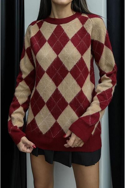 Havoş Dark Red Mariska Diamond Patterned Sweater
