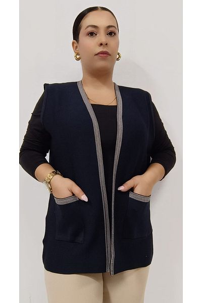 AKŞEN GİYİM Plus Size Women's - Steel Knit, Stripe Pattern, Short Vest with Two Pockets