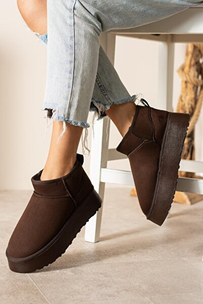 diclepolat Γυναικείες μίνι σουέτ μπότες - Καφέ χρώμα, με επένδυση από γούνα, χοντρή σόλα - Perissa