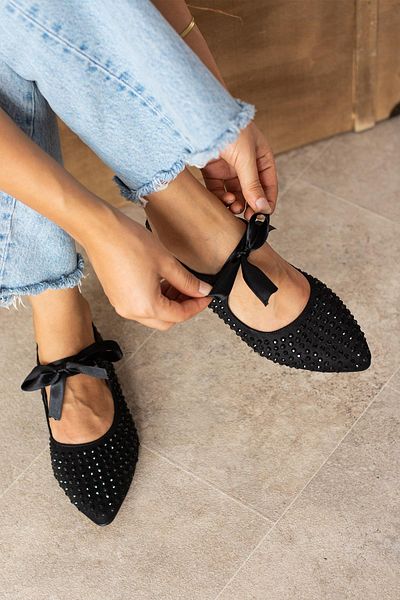 diclepolat Balerini de damă Pael Black Pointed Toe Stone Ribbon Detaliați