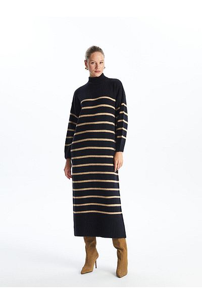 LC Waikiki Γυναικείο πλεκτό φόρεμα LCW Modest ριγέ μισό ζιβάγκο